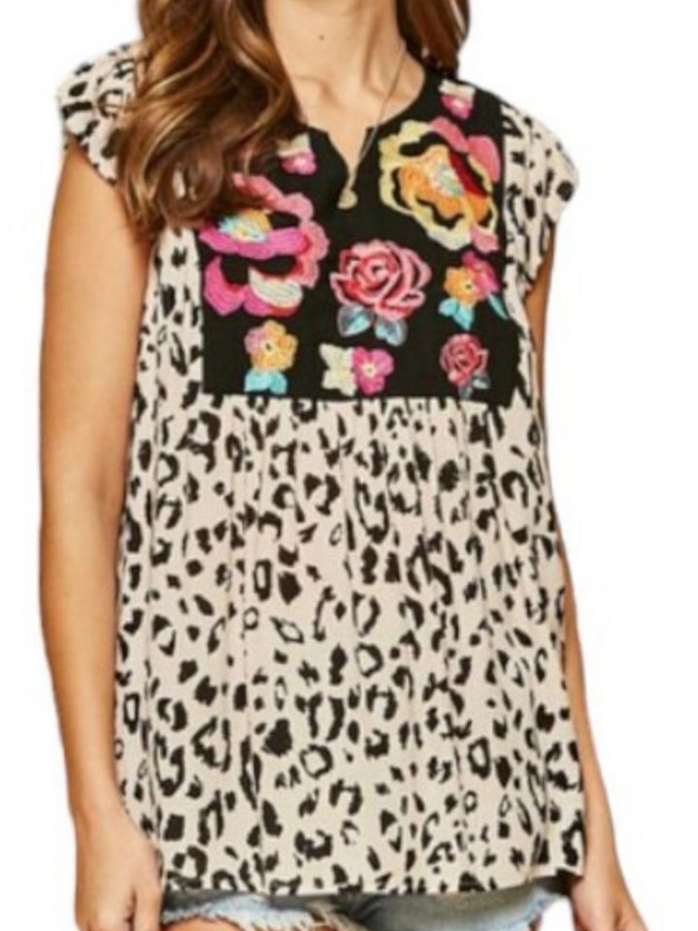 Savannah Jane The Sadie Top Leopard Print Tunic Black w/Floral Embroidery 1X NWT